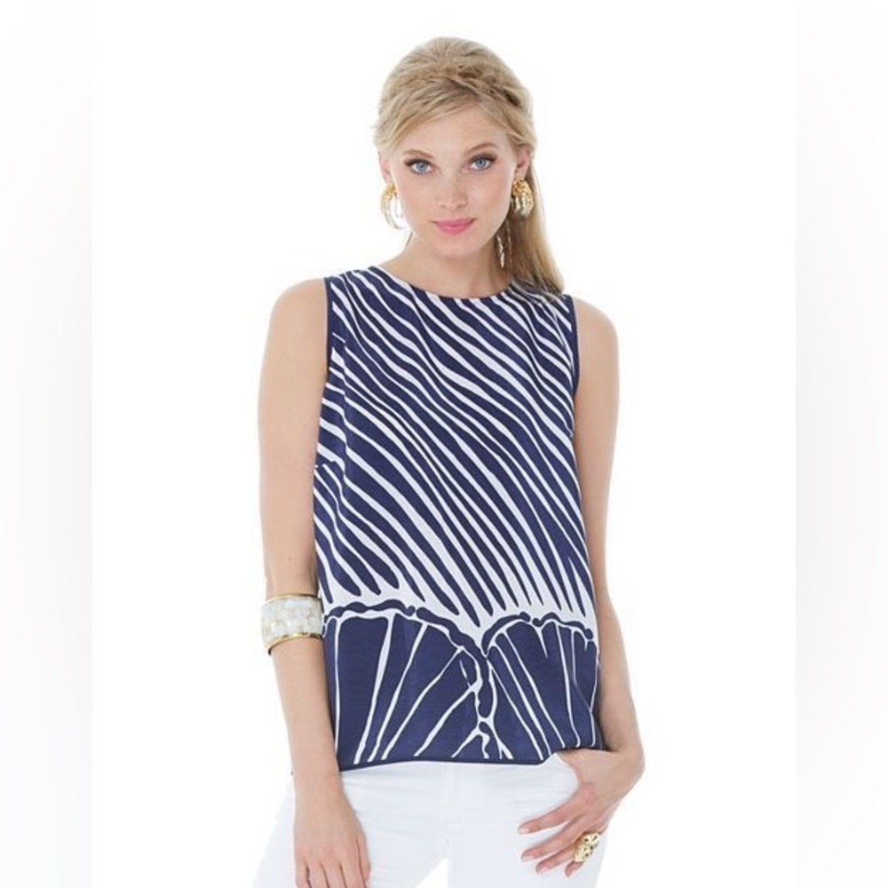 Lilly Pulitzer Iona Shell Small Bright Navy Shimmy Shell Stripe Engine 100% Silk